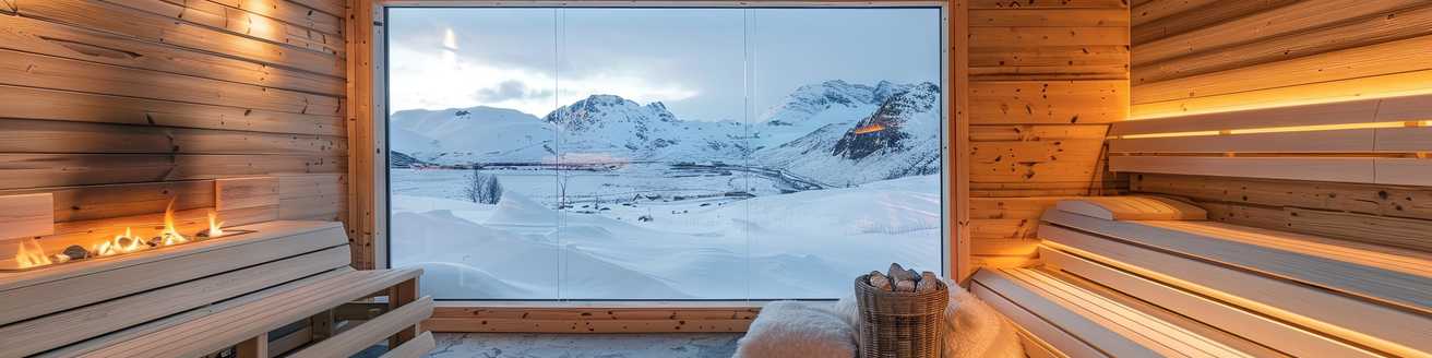 Sauna mit Blick auf Winterlandschaft